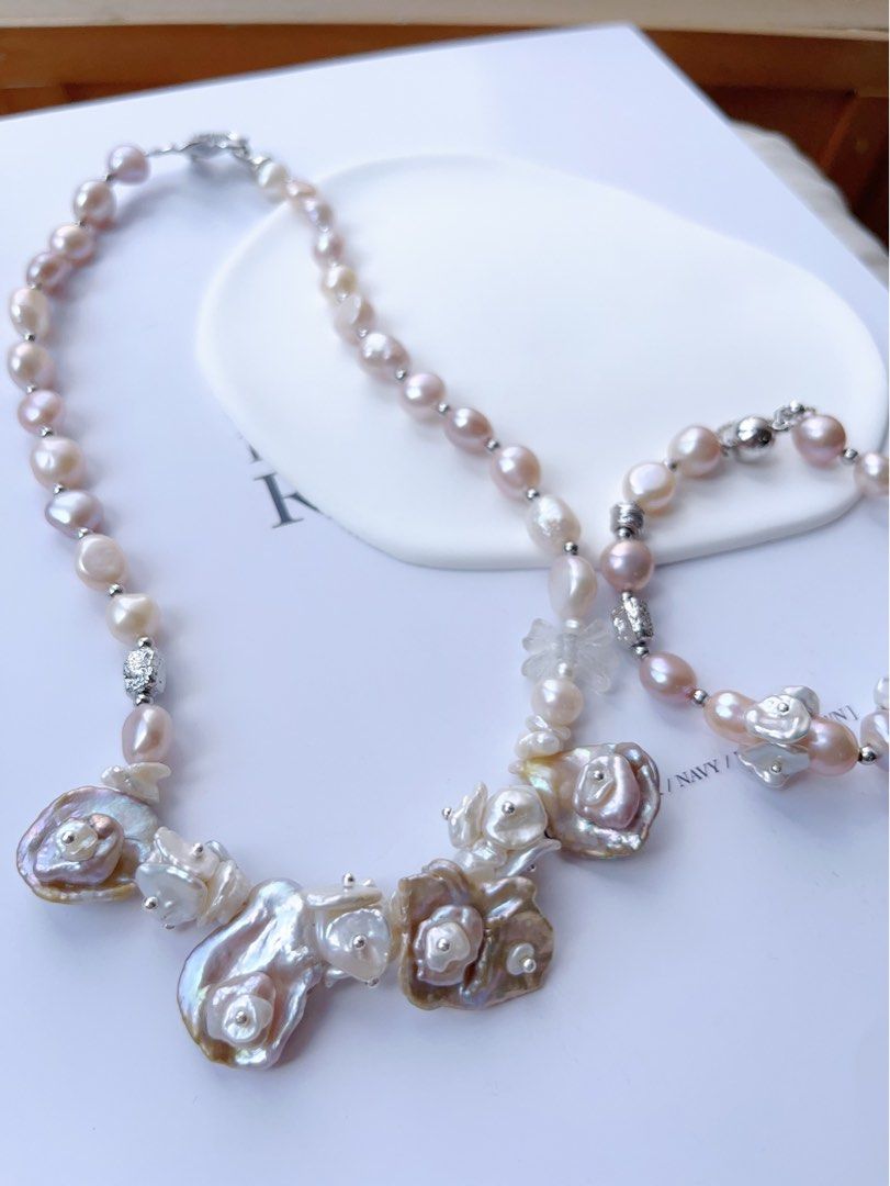 #PN556 [Floral Series] Blossom Garden | Freshwater Pearl Necklace & Bracelet Set |Baroque Pearl |Silver Style |White Quartz