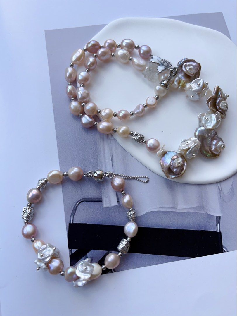#PN556 [Floral Series] Blossom Garden | Freshwater Pearl Necklace & Bracelet Set |Baroque Pearl |Silver Style |White Quartz