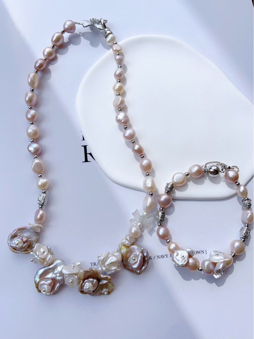#PN556 [Floral Series] Blossom Garden | Freshwater Pearl Necklace & Bracelet Set |Baroque Pearl |Silver Style |White Quartz