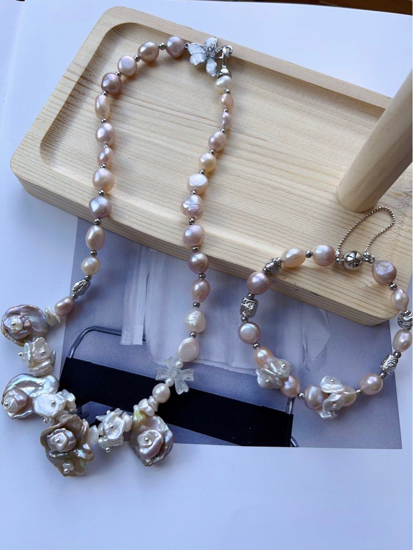 #PN556 [Floral Series] Blossom Garden | Freshwater Pearl Necklace & Bracelet Set |Baroque Pearl |Silver Style |White Quartz
