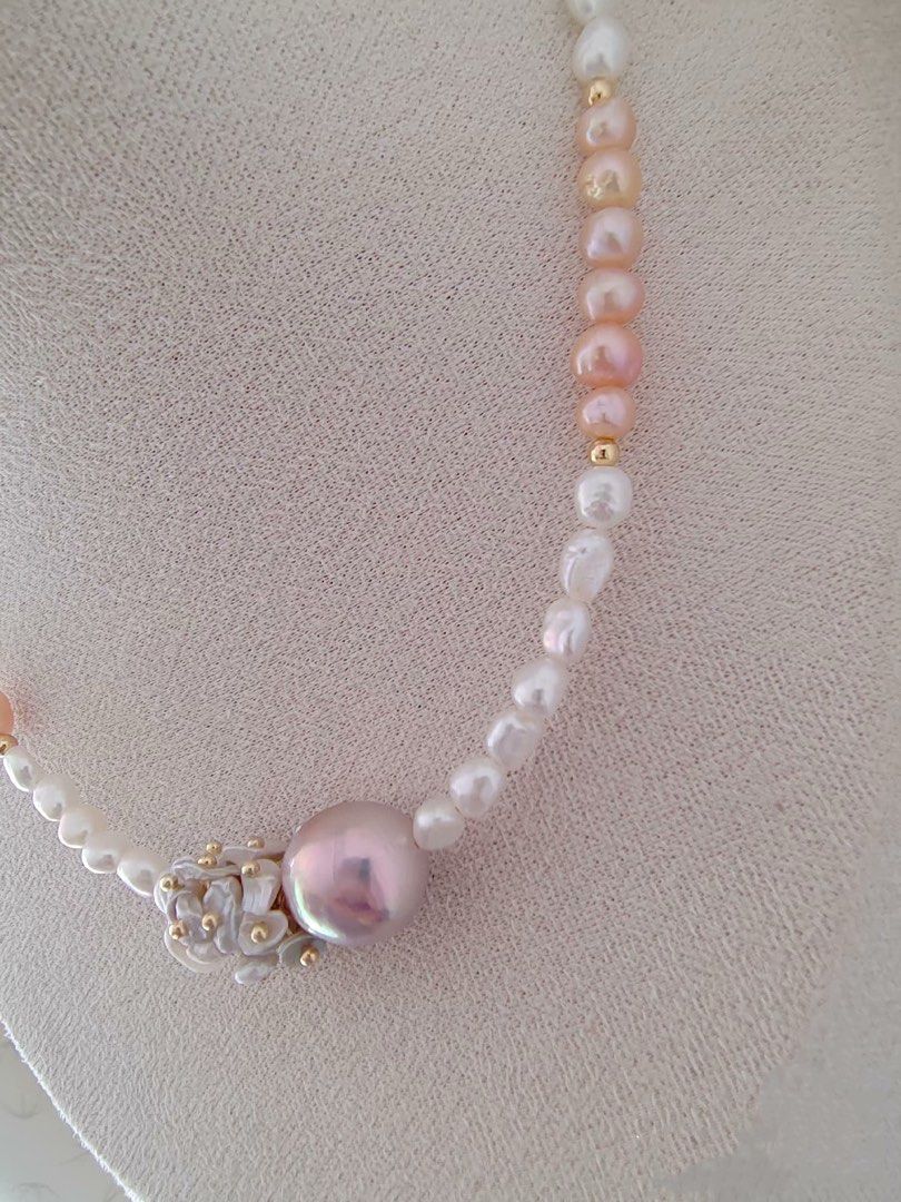 #PN470 [Floral Series] Blossoming Spring| Freshwater Pearl Necklace | Baroque Pearl | Excellent Lustre| Pearl Petals | Champagne Pink Pearl | Mixed Colours