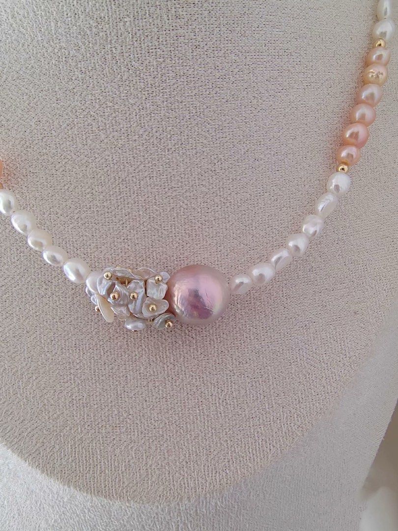 #PN470 [Floral Series] Blossoming Spring| Freshwater Pearl Necklace | Baroque Pearl | Excellent Lustre| Pearl Petals | Champagne Pink Pearl | Mixed Colours
