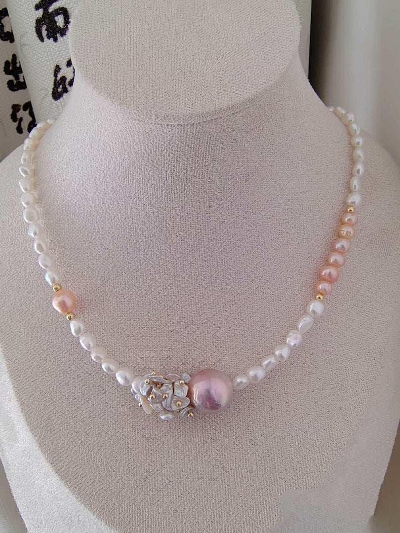 #PN470 [Floral Series] Blossoming Spring| Freshwater Pearl Necklace | Baroque Pearl | Excellent Lustre| Pearl Petals | Champagne Pink Pearl | Mixed Colours