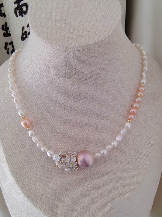 #PN470 [Floral Series] Blossoming Spring| Freshwater Pearl Necklace | Baroque Pearl | Excellent Lustre| Pearl Petals | Champagne Pink Pearl | Mixed Colours
