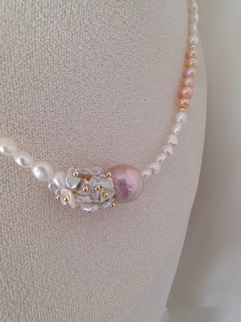 #PN470 [Floral Series] Blossoming Spring| Freshwater Pearl Necklace | Baroque Pearl | Excellent Lustre| Pearl Petals | Champagne Pink Pearl | Mixed Colours