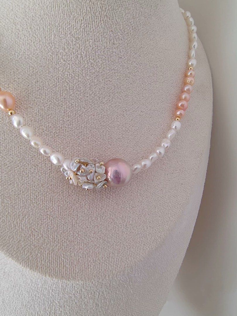 #PN470 [Floral Series] Blossoming Spring| Freshwater Pearl Necklace | Baroque Pearl | Excellent Lustre| Pearl Petals | Champagne Pink Pearl | Mixed Colours