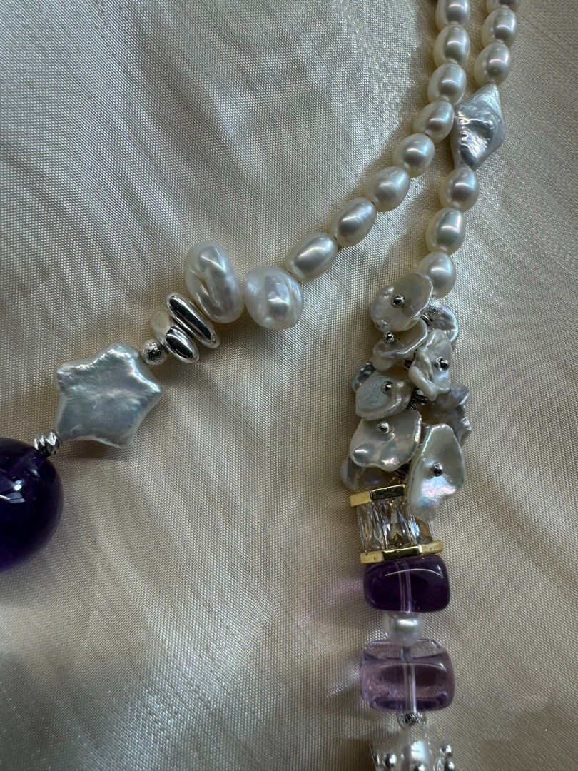 #PN488 [Floral Series] Contemporary Chic| Freshwater Pearl Necklace |Purple Quartz |Mixed Shapes| Magnetic Clasp