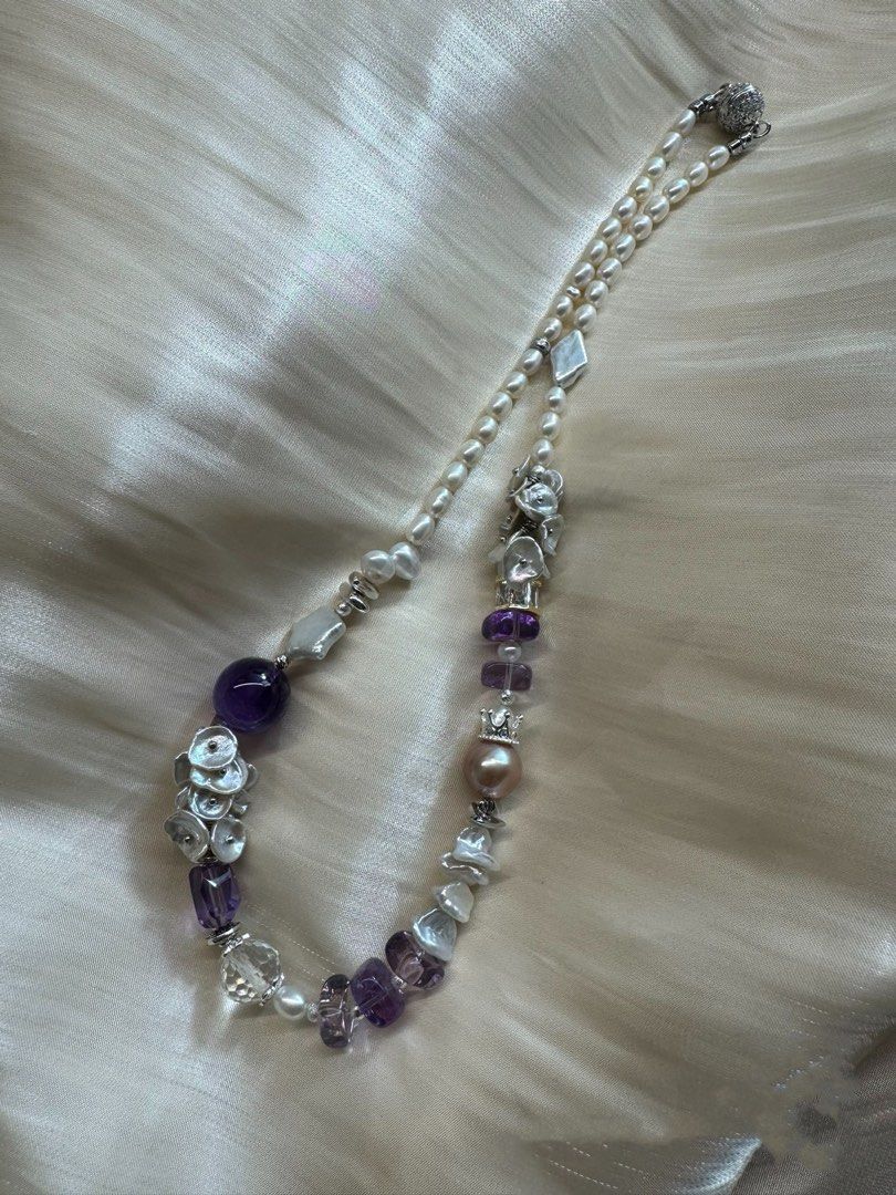 #PN488 [Floral Series] Contemporary Chic| Freshwater Pearl Necklace |Purple Quartz |Mixed Shapes| Magnetic Clasp