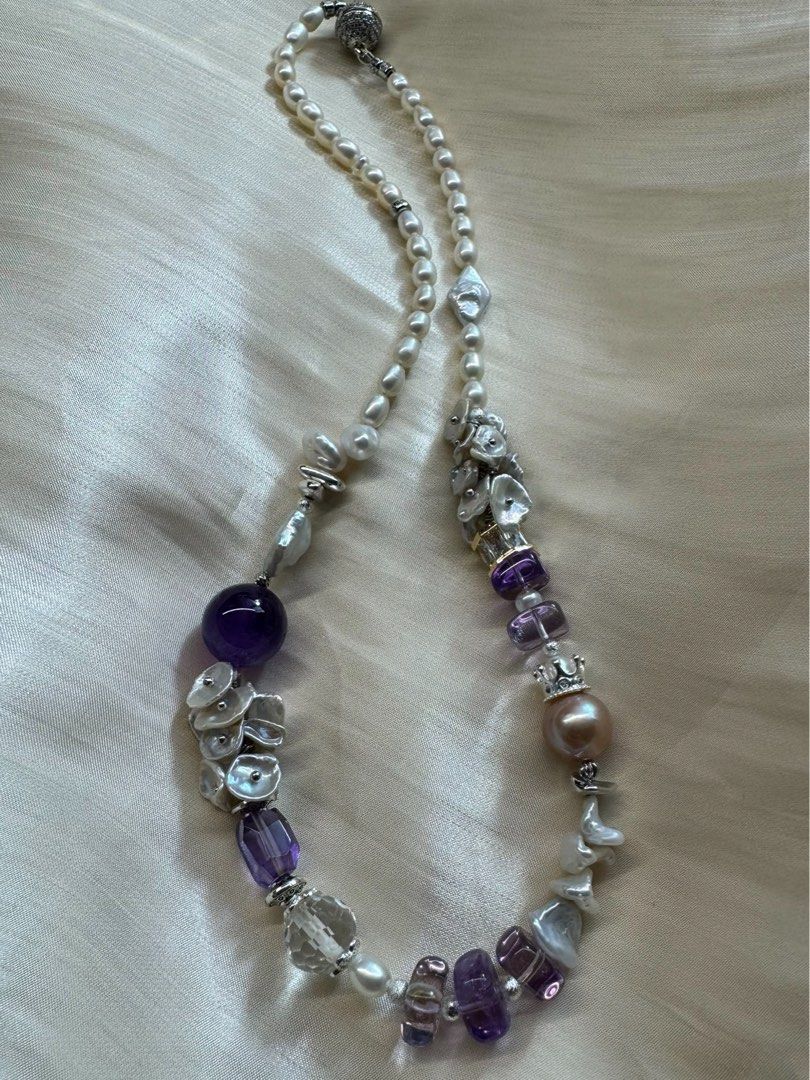 #PN488 [Floral Series] Contemporary Chic| Freshwater Pearl Necklace |Purple Quartz |Mixed Shapes| Magnetic Clasp