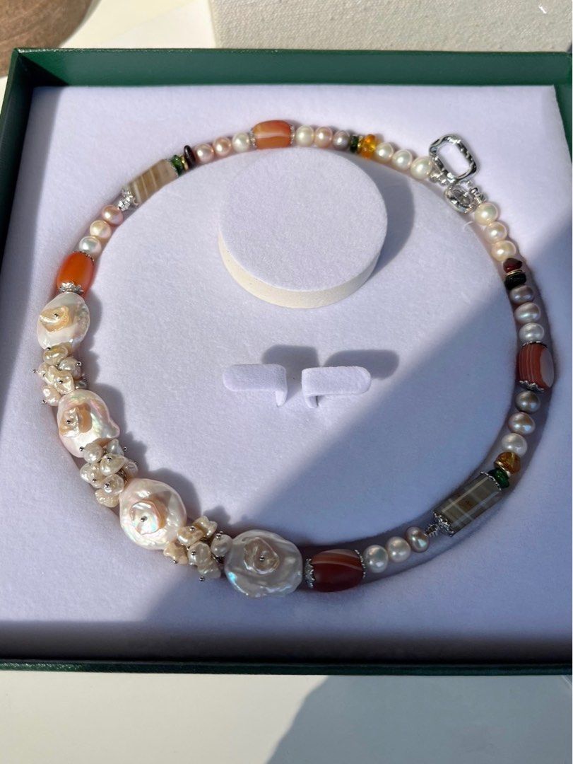 #PN476 [Floral Series] Exotic Flower | Freshwater Pearl Necklace | Agate |Natural Stones| Big & Baby Baroque Pearl |Petals