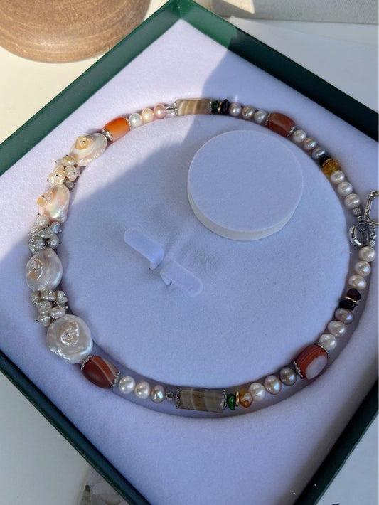 #PN476 [Floral Series] Exotic Flower | Freshwater Pearl Necklace | Agate |Natural Stones| Big & Baby Baroque Pearl |Petals