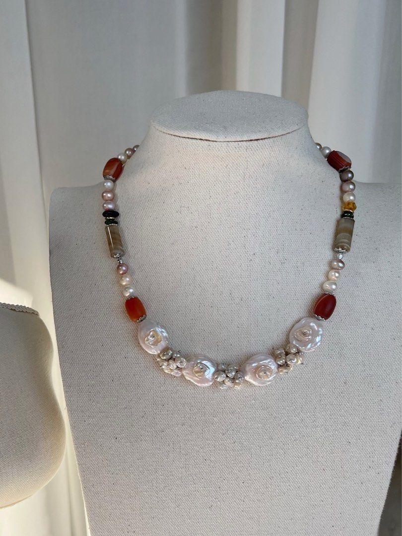 #PN476 [Floral Series] Exotic Flower | Freshwater Pearl Necklace | Agate |Natural Stones| Big & Baby Baroque Pearl |Petals