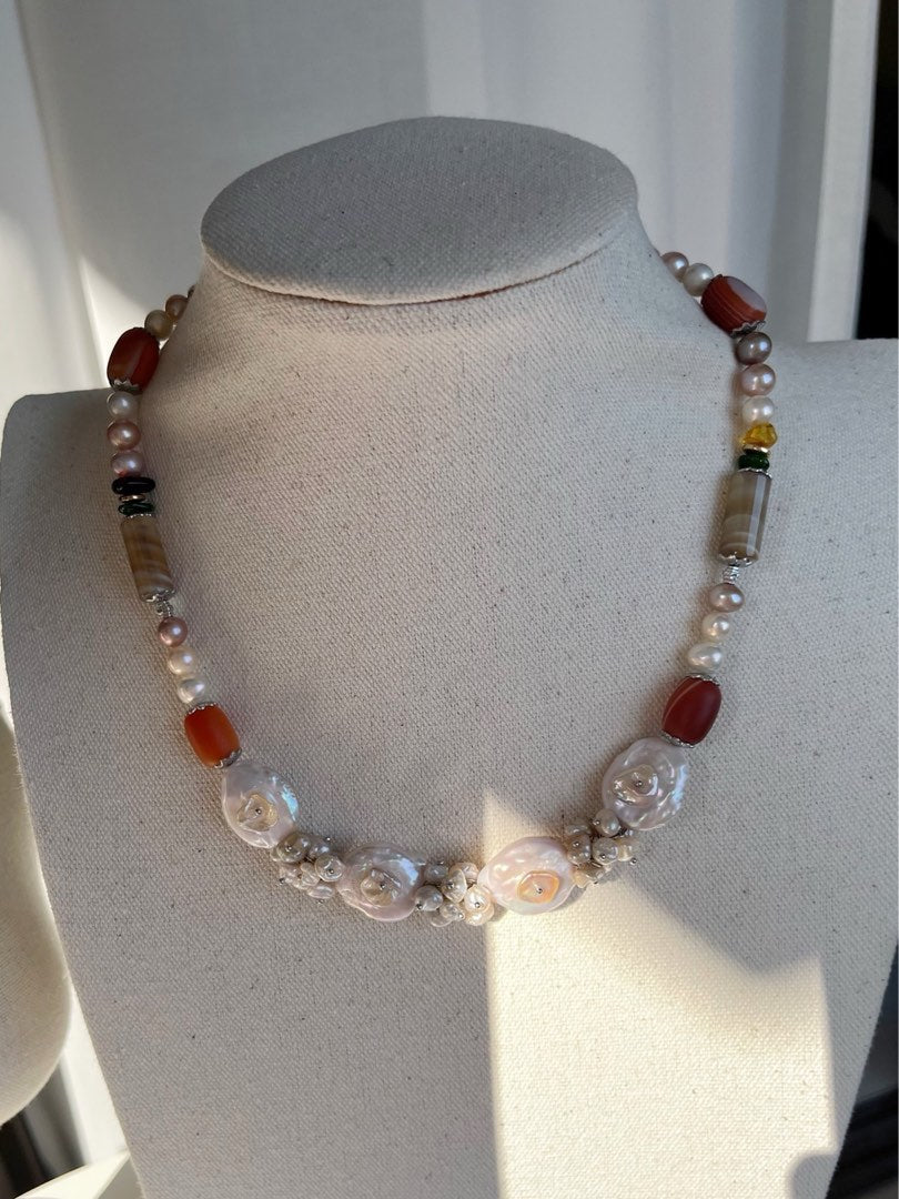 #PN476 [Floral Series] Exotic Flower | Freshwater Pearl Necklace | Agate |Natural Stones| Big & Baby Baroque Pearl |Petals