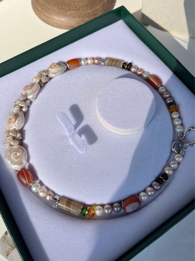 #PN476 [Floral Series] Exotic Flower | Freshwater Pearl Necklace | Agate |Natural Stones| Big & Baby Baroque Pearl |Petals