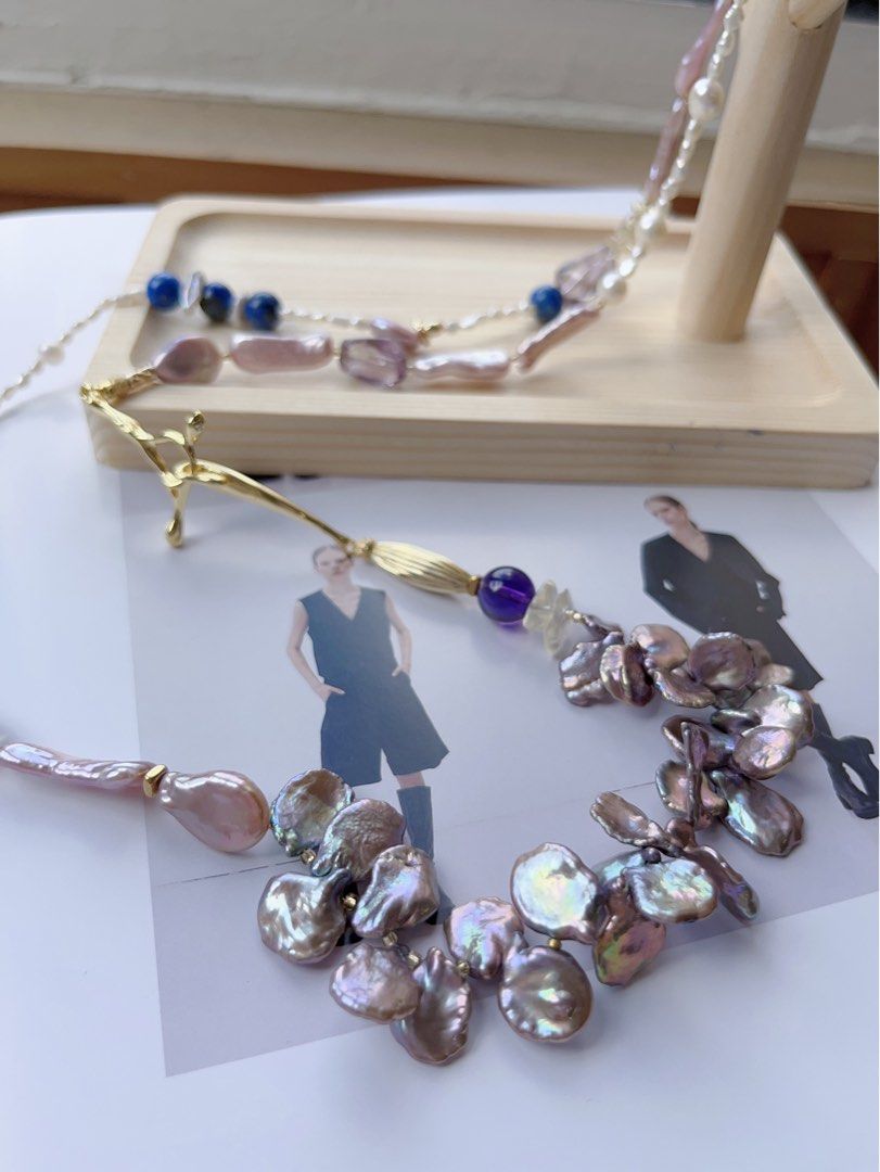 #PN555 [Floral Series] Freshwater Pearl Necklace |Super Long Sweater Necklace |88cm|Metallic Petal Pearl |Purple Quartz |Lapis Lazuli