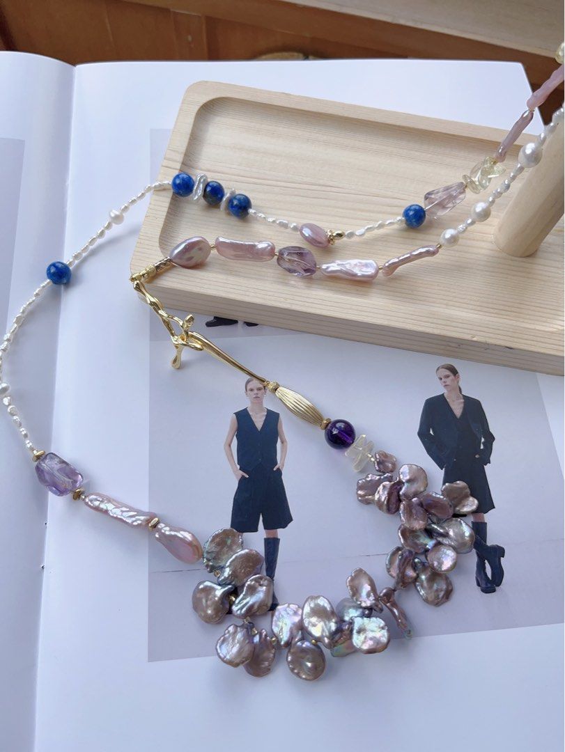 #PN555 [Floral Series] Freshwater Pearl Necklace |Super Long Sweater Necklace |88cm|Metallic Petal Pearl |Purple Quartz |Lapis Lazuli