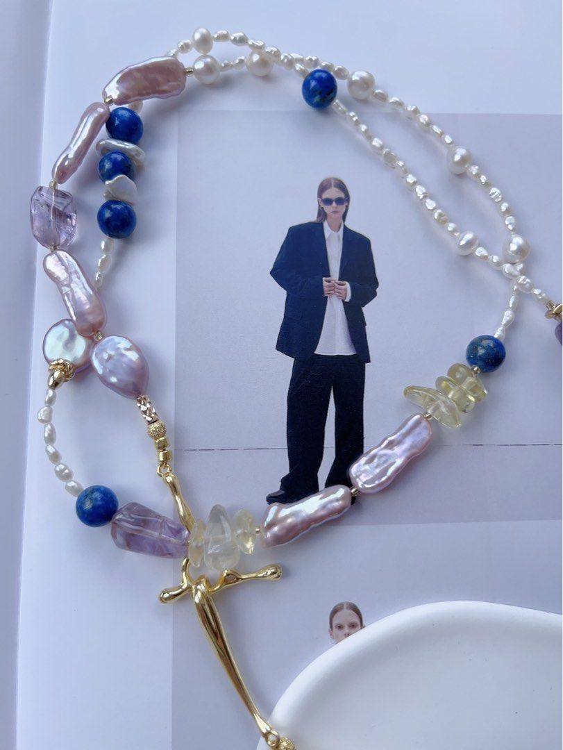 #PN555 [Floral Series] Freshwater Pearl Necklace |Super Long Sweater Necklace |88cm|Metallic Petal Pearl |Purple Quartz |Lapis Lazuli