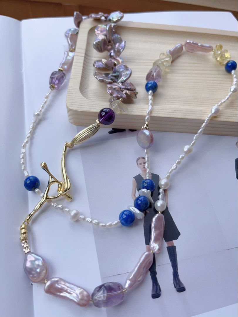 #PN555 [Floral Series] Freshwater Pearl Necklace |Super Long Sweater Necklace |88cm|Metallic Petal Pearl |Purple Quartz |Lapis Lazuli