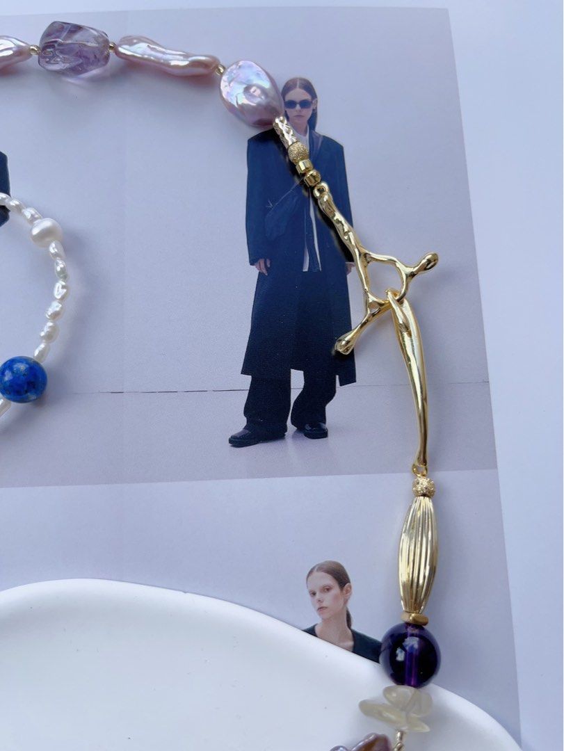 #PN555 [Floral Series] Freshwater Pearl Necklace |Super Long Sweater Necklace |88cm|Metallic Petal Pearl |Purple Quartz |Lapis Lazuli
