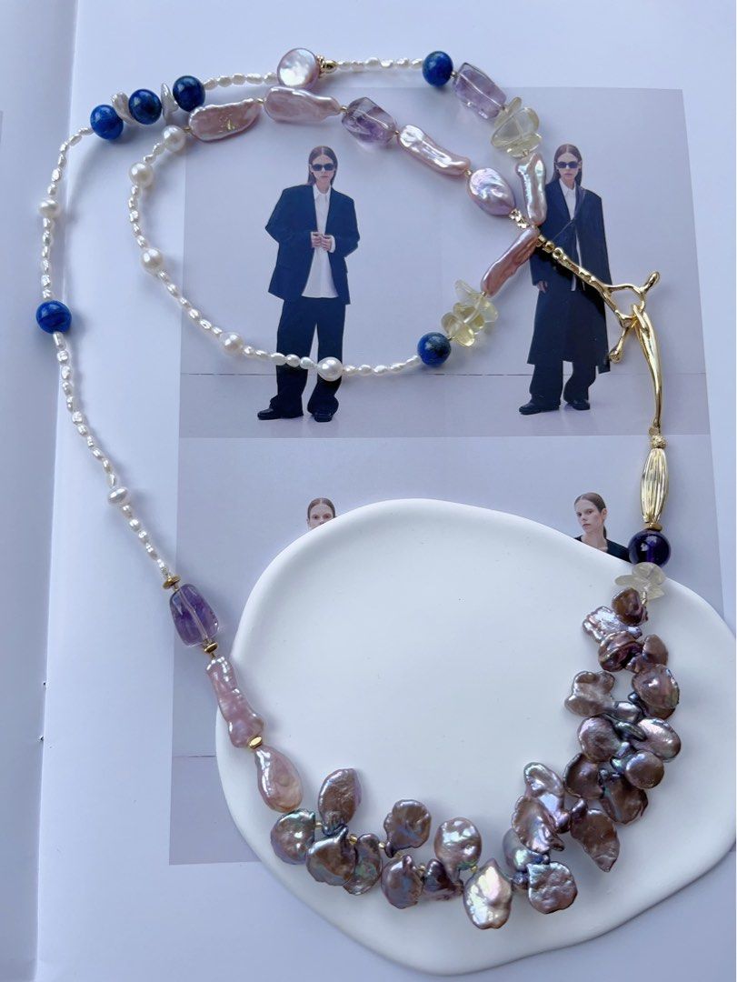 #PN555 [Floral Series] Freshwater Pearl Necklace |Super Long Sweater Necklace |88cm|Metallic Petal Pearl |Purple Quartz |Lapis Lazuli
