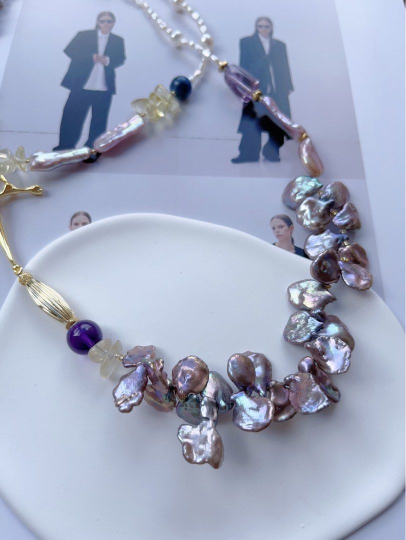 #PN555 [Floral Series] Freshwater Pearl Necklace |Super Long Sweater Necklace |88cm|Metallic Petal Pearl |Purple Quartz |Lapis Lazuli