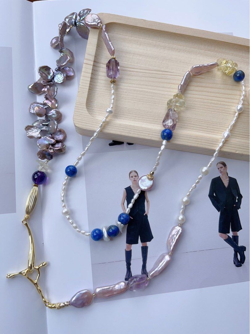 #PN555 [Floral Series] Freshwater Pearl Necklace |Super Long Sweater Necklace |88cm|Metallic Petal Pearl |Purple Quartz |Lapis Lazuli