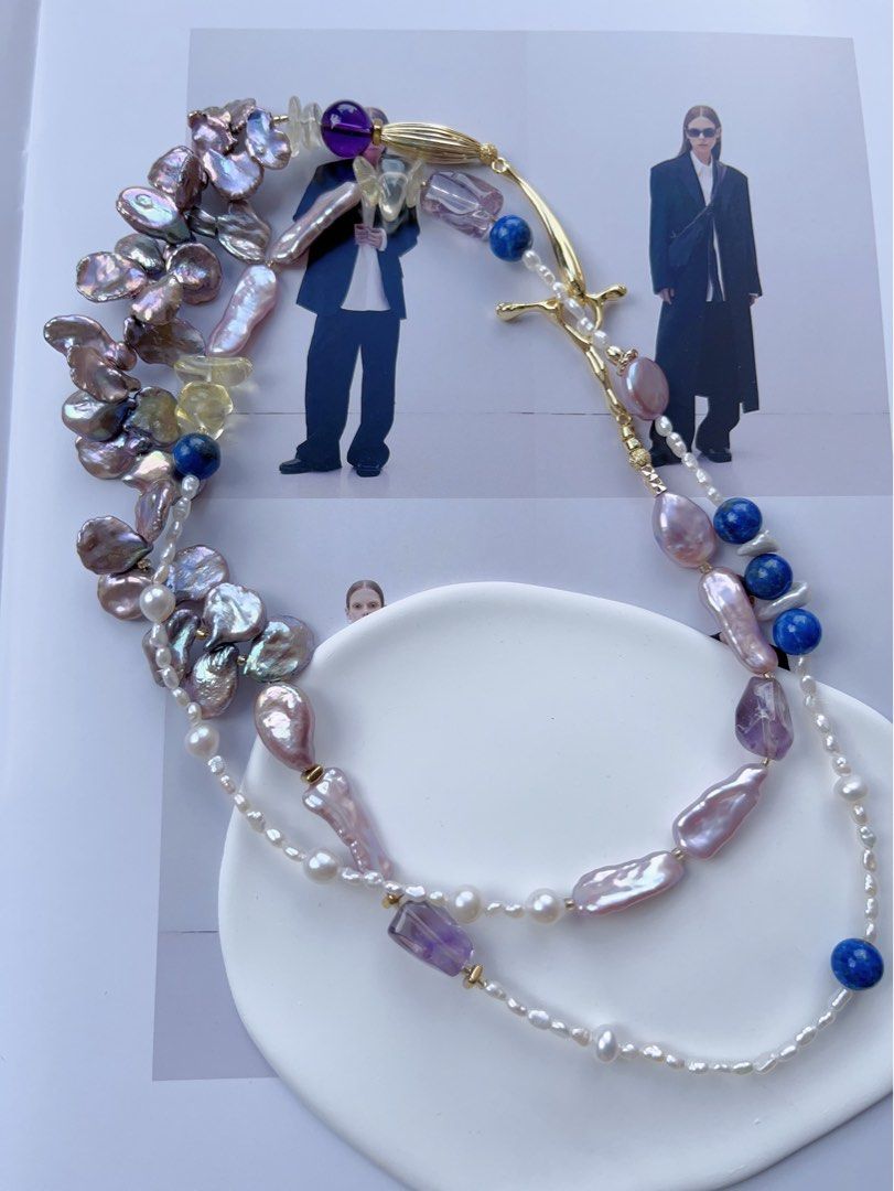 #PN555 [Floral Series] Freshwater Pearl Necklace |Super Long Sweater Necklace |88cm|Metallic Petal Pearl |Purple Quartz |Lapis Lazuli