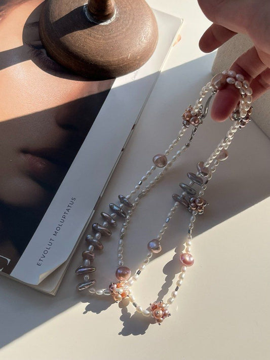 #PN530 [Floral Series] Purple Sky |Freshwater Pearl Necklace |Long Necklace |Multiple Wearing|Irregular Shaped Baroque Pearl |Pearl Petal Flowers