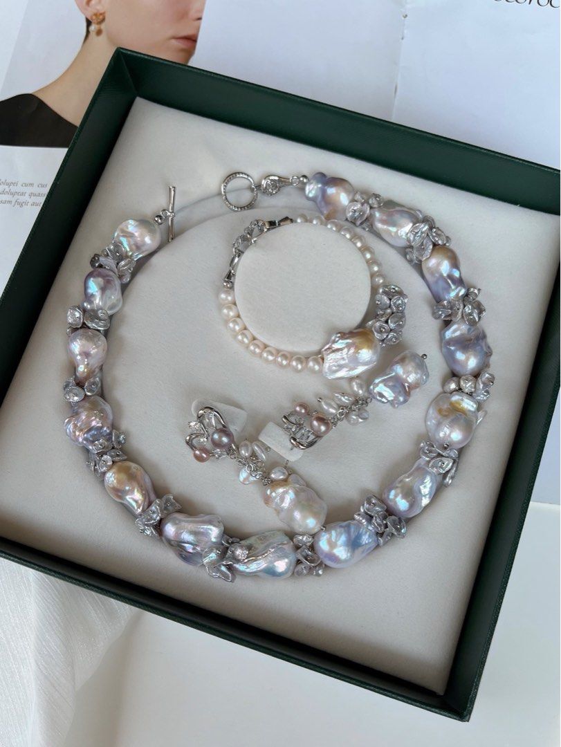 [Floral Series] Silver Crown |Freshwater Pearl Necklace & Bracelet & Earrings Set | Big Baroque Pearl |Silver-grey Lustre |Natural Flaws |Petal Pearl