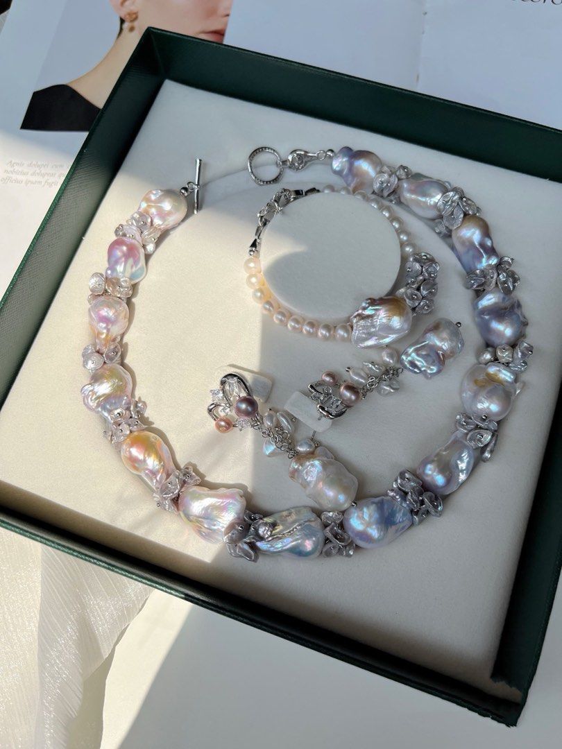 [Floral Series] Silver Crown |Freshwater Pearl Necklace & Bracelet & Earrings Set | Big Baroque Pearl |Silver-grey Lustre |Natural Flaws |Petal Pearl