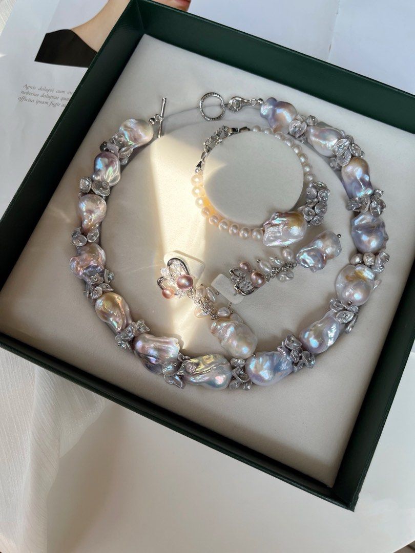 [Floral Series] Silver Crown |Freshwater Pearl Necklace & Bracelet & Earrings Set | Big Baroque Pearl |Silver-grey Lustre |Natural Flaws |Petal Pearl