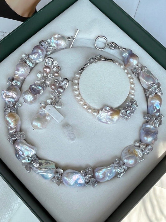 [Floral Series] Silver Crown |Freshwater Pearl Necklace & Bracelet & Earrings Set | Big Baroque Pearl |Silver-grey Lustre |Natural Flaws |Petal Pearl