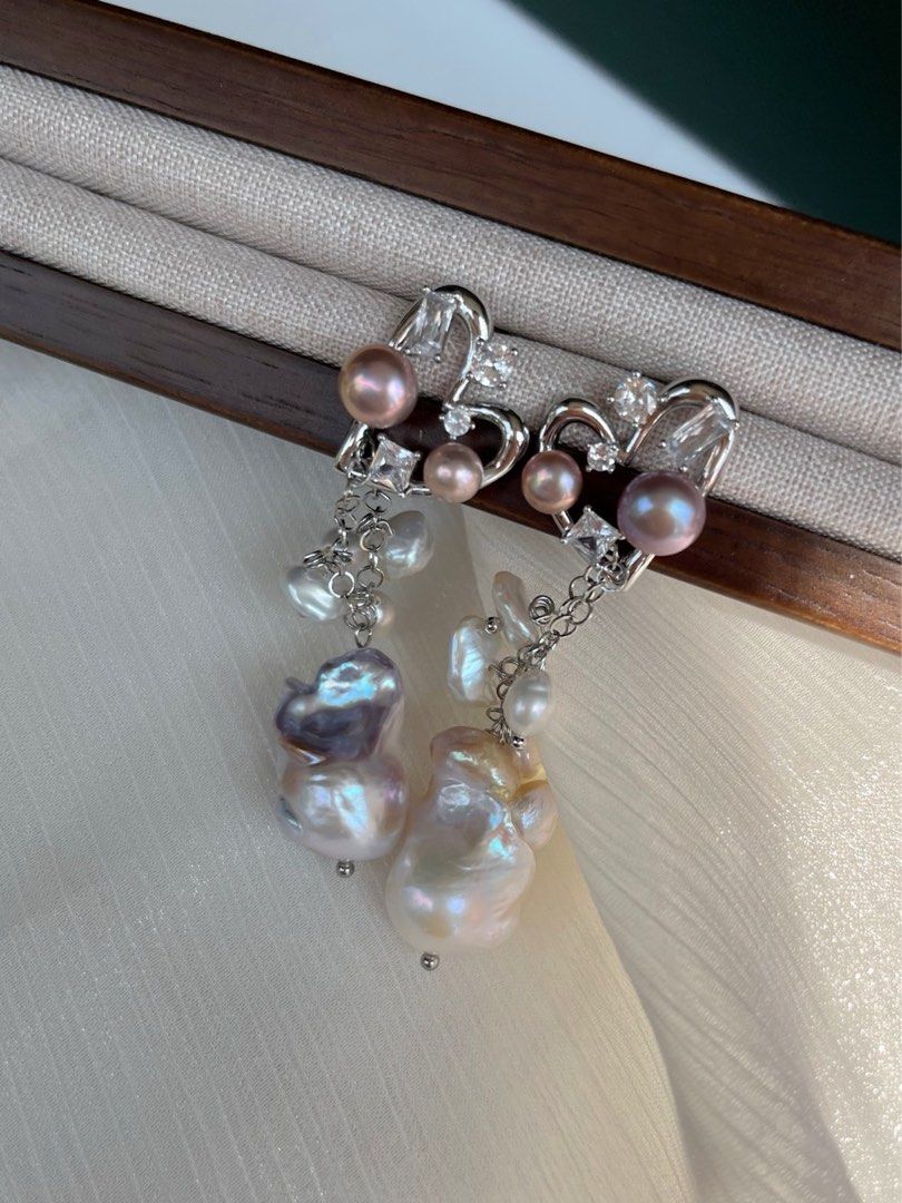 [Floral Series] Silver Crown |Freshwater Pearl Necklace & Bracelet & Earrings Set | Big Baroque Pearl |Silver-grey Lustre |Natural Flaws |Petal Pearl