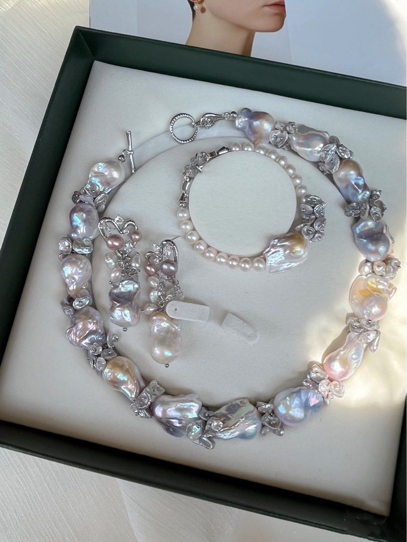 [Floral Series] Silver Crown |Freshwater Pearl Necklace & Bracelet & Earrings Set | Big Baroque Pearl |Silver-grey Lustre |Natural Flaws |Petal Pearl