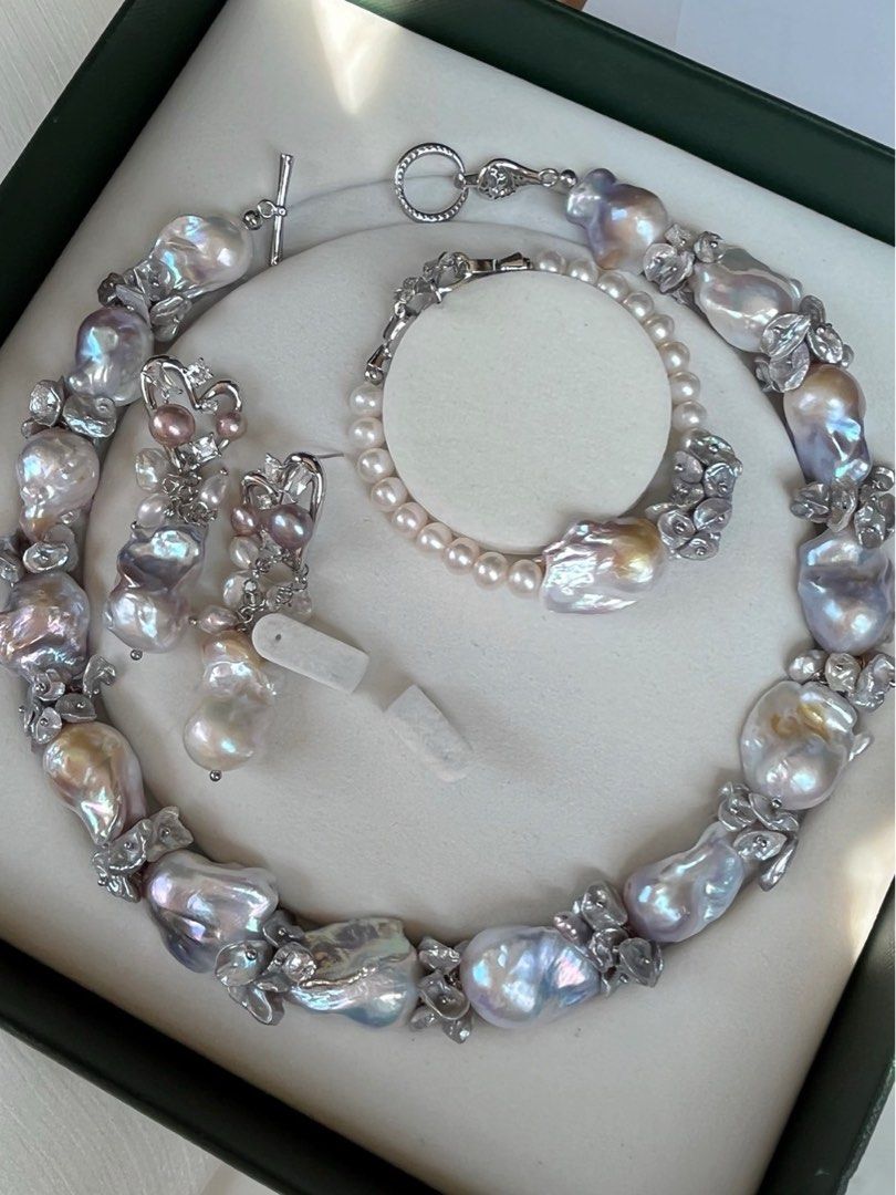 [Floral Series] Silver Crown |Freshwater Pearl Necklace & Bracelet & Earrings Set | Big Baroque Pearl |Silver-grey Lustre |Natural Flaws |Petal Pearl