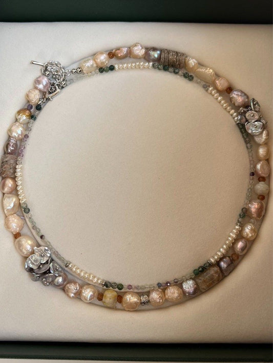 #PN477 [Floral Series] Thorny Rose| Freshwater Pearl Necklace |Double Layer |Wear Separately |Thorny Baroque Pearl |Fluorite|Natural Stones