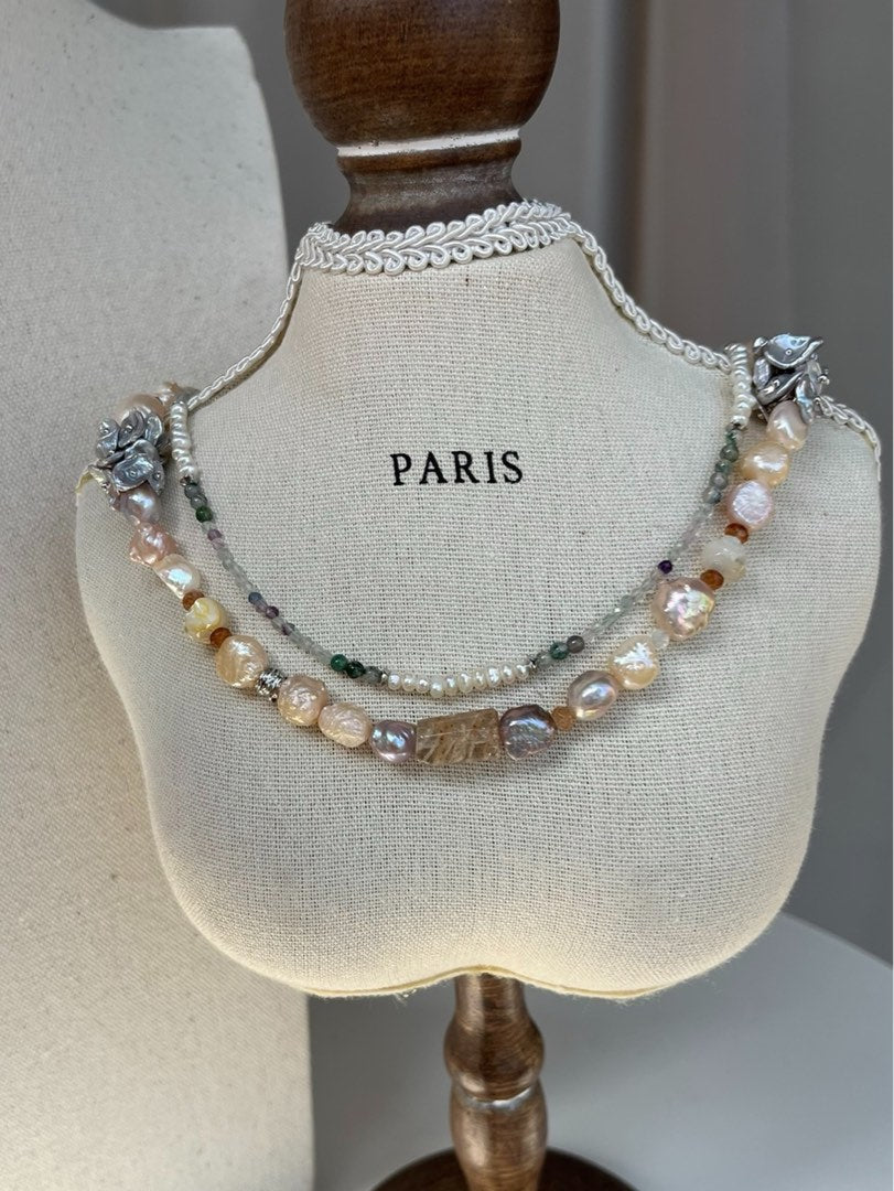 #PN477 [Floral Series] Thorny Rose| Freshwater Pearl Necklace |Double Layer |Wear Separately |Thorny Baroque Pearl |Fluorite|Natural Stones