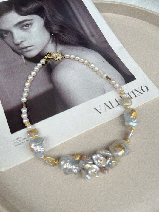 #PN471 [Floral Series] Vacation Mode|Freshwater Pearl Necklace |Big Baroque Pearl |Gilt on Pearl|Huge Pearl Petals Flower