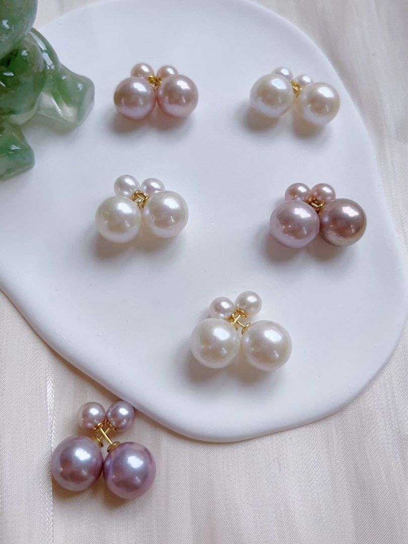 [France Style] Freshwater Pearl Ear Studs|s925|Famous Design| Double-end Earrings |Double-Pearl|Big Edison Pearl |White, Purple