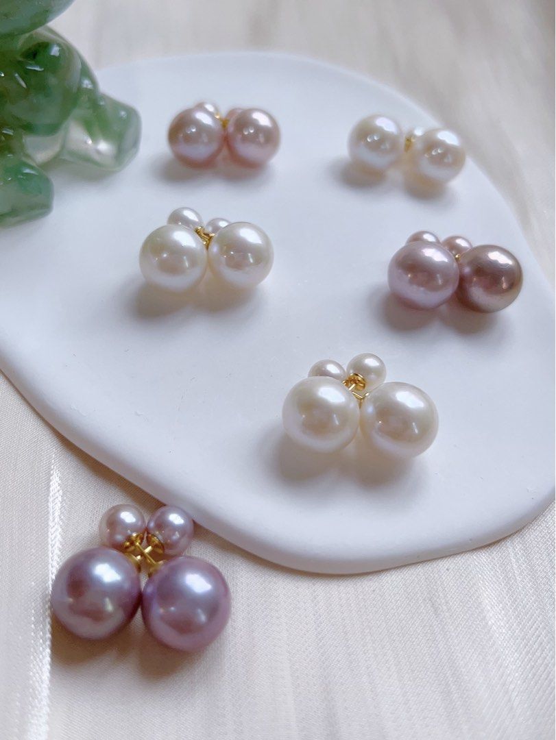 [France Style] Freshwater Pearl Ear Studs|s925|Famous Design| Double-end Earrings |Double-Pearl|Big Edison Pearl |White, Purple