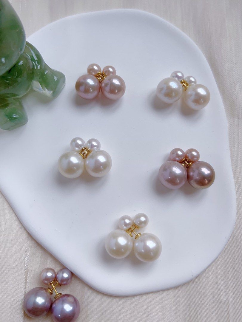 [France Style] Freshwater Pearl Ear Studs|s925|Famous Design| Double-end Earrings |Double-Pearl|Big Edison Pearl |White, Purple