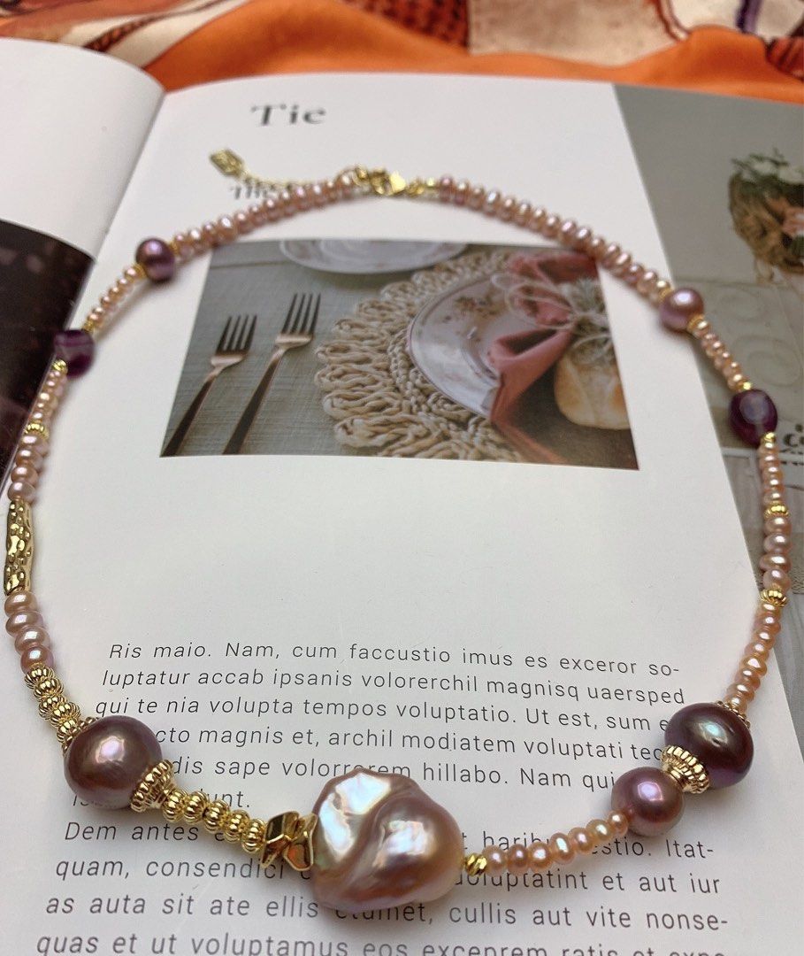 #PN565 Freshwater Pearl Necklace |Baby Pearls|Edison Pearl |Baroque Pearl | Champagne & Purple |Quartz
