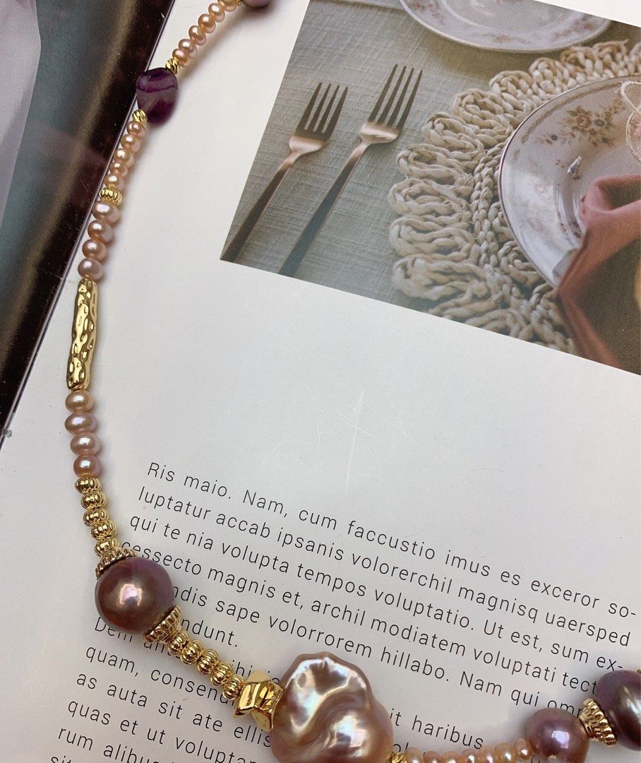 #PN565 Freshwater Pearl Necklace |Baby Pearls|Edison Pearl |Baroque Pearl | Champagne & Purple |Quartz