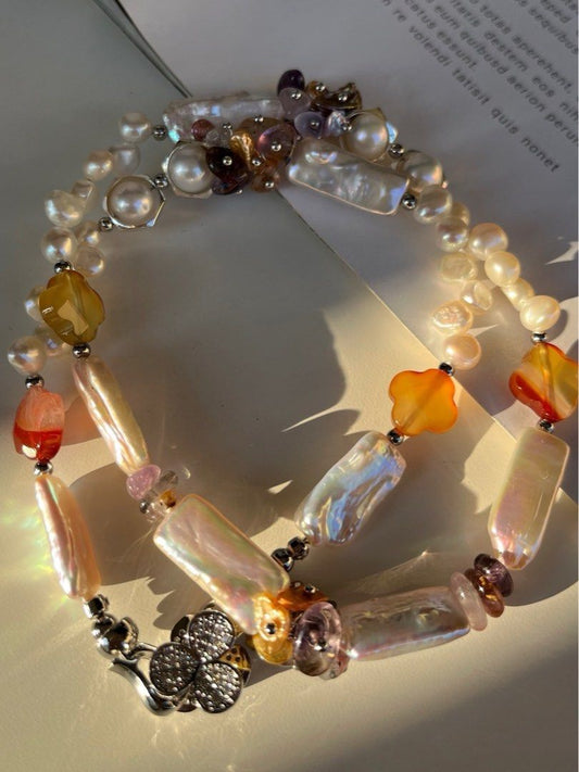 #PN532 Garden City |Freshwater Pearl Necklace |Quartz|Natural Stones|Petal Pearl |Rectangle Baroque Pearl