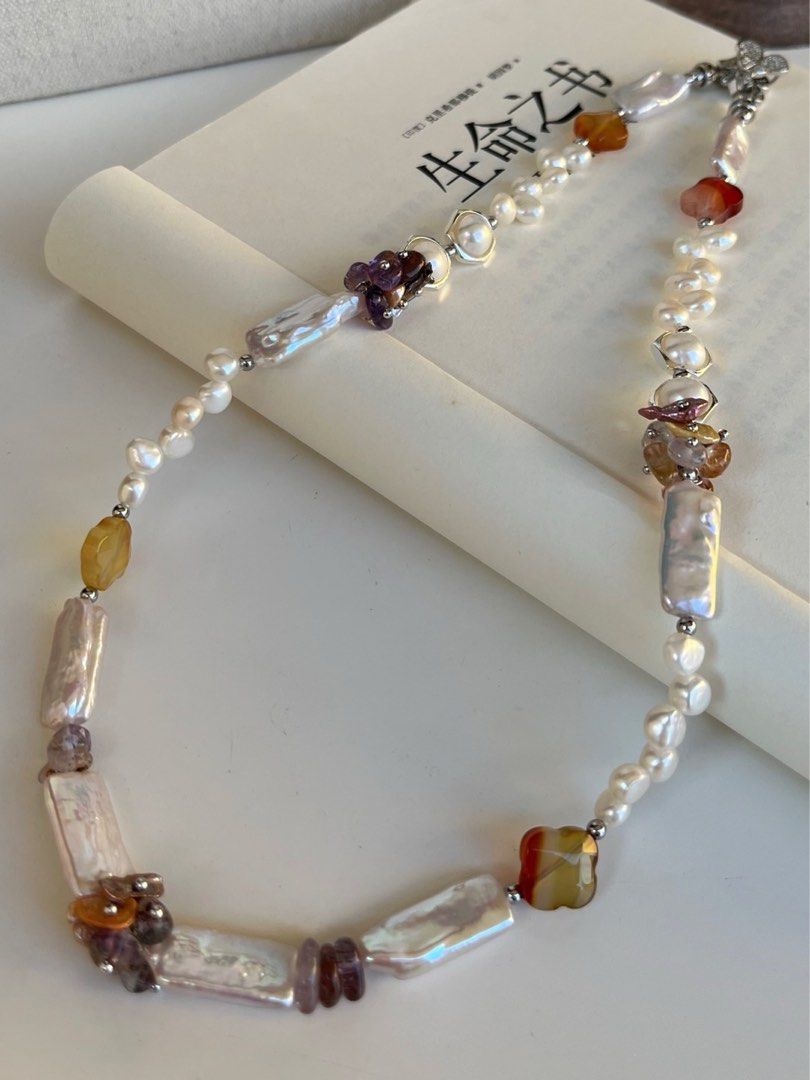 #PN532 Garden City |Freshwater Pearl Necklace |Quartz|Natural Stones|Petal Pearl |Rectangle Baroque Pearl