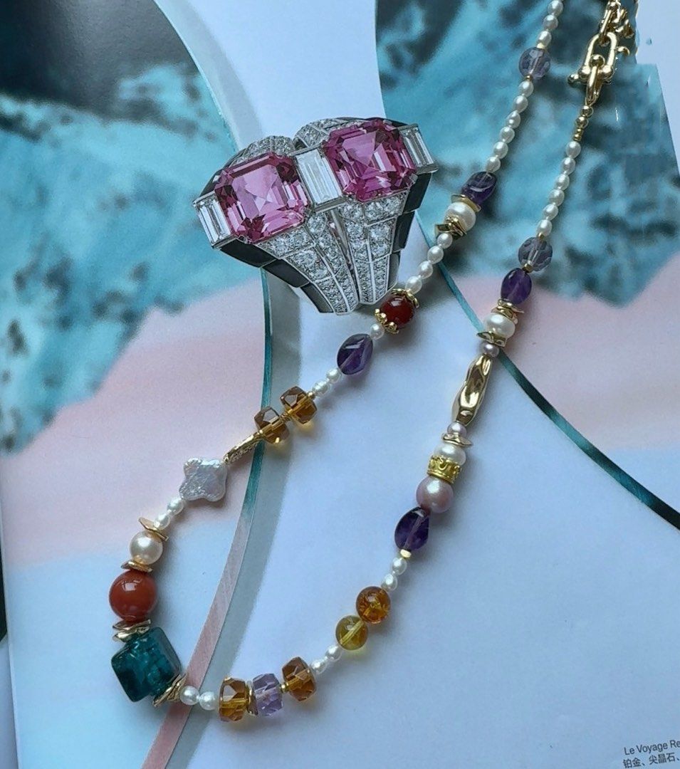 #PN465 Gem Valley |Freshwater Pearl Necklace |Clover Shaped Pearl |Red Agate|Amber|Purple, Yellow Quartz |Elegant