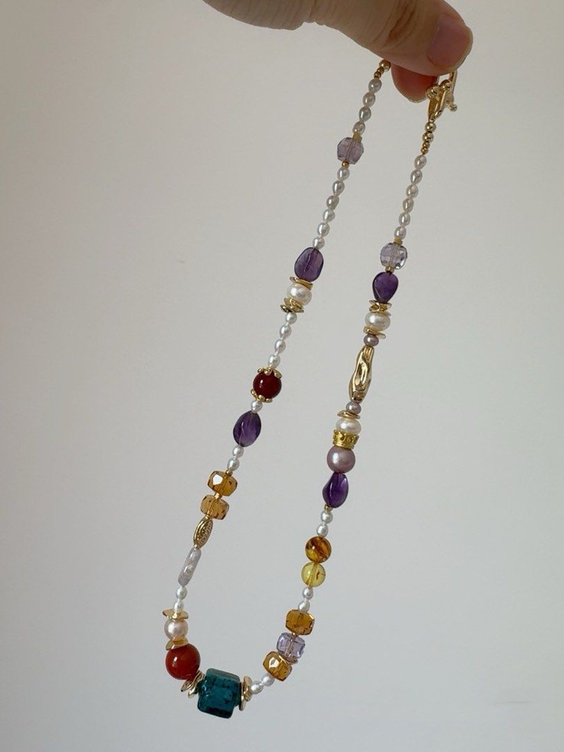 #PN465 Gem Valley |Freshwater Pearl Necklace |Clover Shaped Pearl |Red Agate|Amber|Purple, Yellow Quartz |Elegant