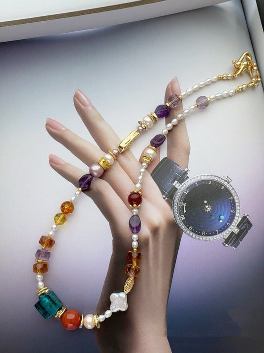 #PN465 Gem Valley |Freshwater Pearl Necklace |Clover Shaped Pearl |Red Agate|Amber|Purple, Yellow Quartz |Elegant