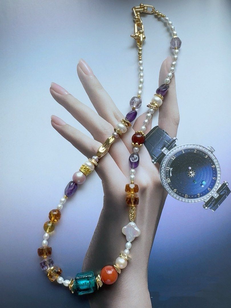 #PN465 Gem Valley |Freshwater Pearl Necklace |Clover Shaped Pearl |Red Agate|Amber|Purple, Yellow Quartz |Elegant