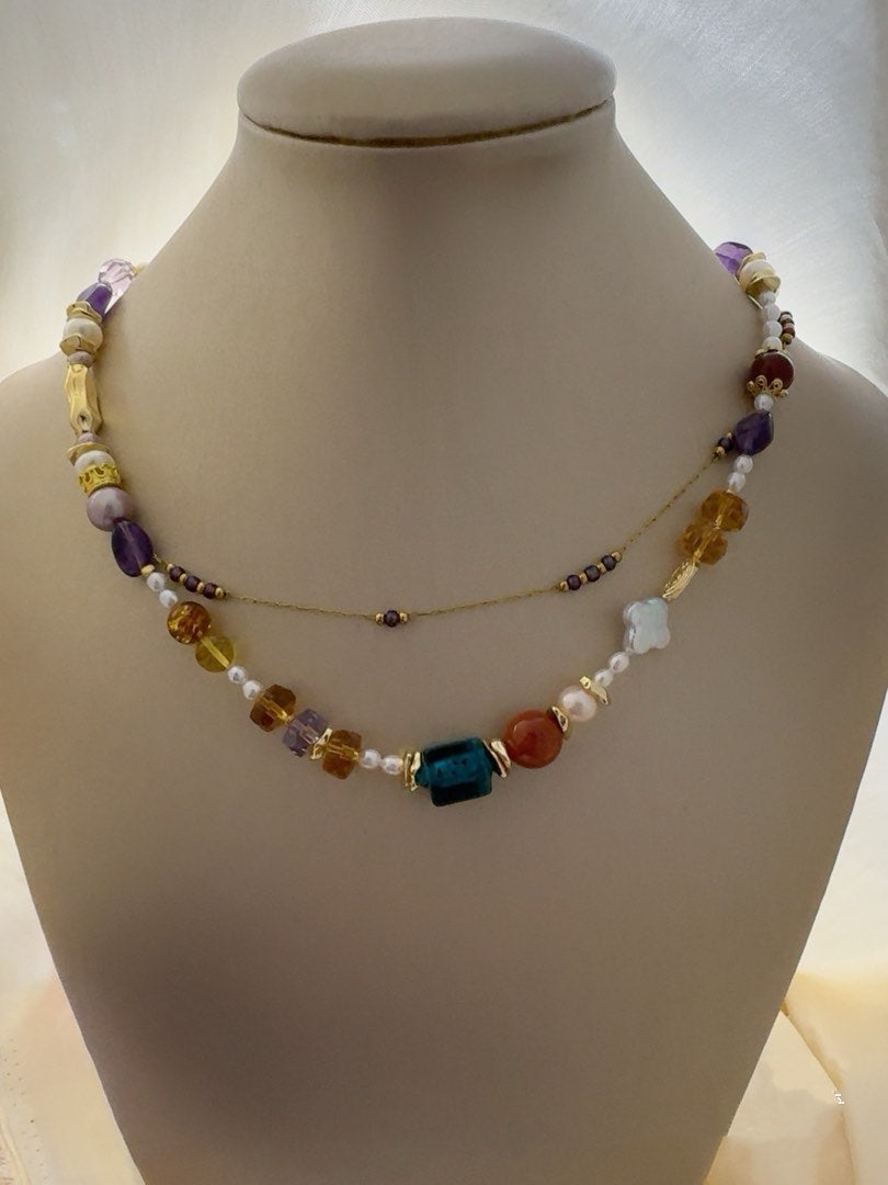 #PN465 Gem Valley |Freshwater Pearl Necklace |Clover Shaped Pearl |Red Agate|Amber|Purple, Yellow Quartz |Elegant